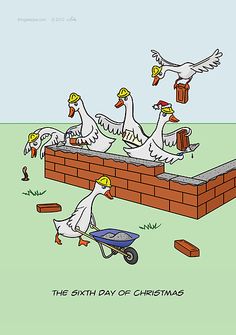 ducks and geese are on the roof of a brick building, while one is pushing a wheelbarrow