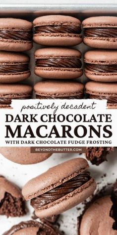 chocolate macarons with dark chocolate fudge frosting on top and the title reads,