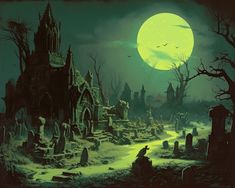 a painting of an old cemetery at night with a full moon in the sky above it