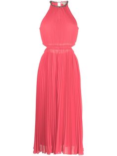 coral pink recycled polyester blend fully pleated cut-out detailing chain-link detailing halterneck keyhole detail to the rear sleeveless below-knee length Rosa Coral, Upcycled Materials, Red Midi Dress, Pink Midi Dress, Pink Maxi Dress, Knit Midi Dress, Blue Midi Dress, White Midi Dress, Sleeveless Maxi Dress