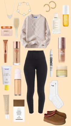 the contents of a woman's wardrobe including shoes, socks and makeup products on a beige background