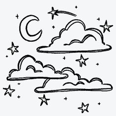 a black and white drawing of clouds with stars