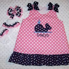 Navy Blue Polka Dot OWL Applique Mongrammed Dress with Pink | Etsy Cute Polka Dot Dress For Birthday, Cute Polka Dot Dress With Ruffles, Blue Sleeveless Dress For First Birthday, Playful Polka Dot Fitted Dress, Whale Applique, Baby Party Dress, Pink Polka Dot Dress, Applique Monogram, Pillowcase Dress