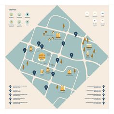 a map showing the location of several buildings and locations in different areas, including trees