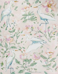 birds and flowers on a pink background with green leaves in the foreground is an image of two white storks standing next to each other