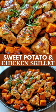 This Chicken and Sweet Potato Skillet is the ultimate one-pan dinner that’s quick, healthy, and loaded with flavor.  With juicy chicken, caramelized sweet potatoes, and fragrant herbs, it’s a meal that comes together in just 35 minutes.  Perfect for busy weeknights, it’s easy to prepare, highly customizable, and sure to please the whole family. Gluten Free Dairy Free One Pan Meals, Easy Chicken Dinner Low Carb, Chicken And Sweet Potato Dinner Recipes, Chicken Tenderloin And Sweet Potatoes, Chicken And Sweet Potato Recipe Healthy Meal Prep, Sheet Pan Chicken Sweet Potatoes, Sheet Pan Dinners Sweet Potatoes, Sweet Potato Recipes With Chicken, Sweet Potato Turkey Skillet