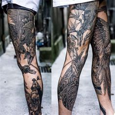 two pictures of legs with tattoos on them