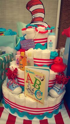 a diaper cake made to look like the cat in the hat is on display