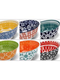 six different colored bowls with designs on them