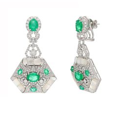 Natural Emerald Diamond Gold Earring, 18k White Pearl Diamond Wedding Earrings For Women, Certified Diamond Statement Earring Jewelry Gift STONE DETAILS : ❋ Stone : Emerald, Mother Of Pearl & Diamond  ❋ Stone Size : 6x8 MM / 3x4 MM Approx. (± 0.20 MM) ❋ Stone Shape : Oval Cut ❋ Stone Weight : 9.79 Cts. Approx. ❋ Stone Color : As Shown In Picture ❋ Stone Type : Natural ❋ Diamond Weight : 2.95 Cts. Approx. ❋ Diamond Shape : Round Cut ❋ Diamond Quality : EF-VS-SI ❋ Diamond Type : Natural METAL DETA Diamond White Earrings With 17 Jewels For Evening, White Gold Drop Earrings With 17 Jewels, White Gemstone Earrings For Evening, Anniversary White Earrings With Jewels, Diamond Wedding Earrings, Diamond Earrings Wedding, Mother Of Pearl Jewelry, Statement Earring, White Gold Earrings