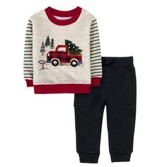 Dress your 24 month old infant toddler boy in something celebratory and stylist this holiday season with this Striped Long Sleeve Fleece Lined Plaid Christmas Tree Pickup Sweater with Matching Black Jogger Pants set! Great for celebrating the holiday with friends and family at dinner, gatherings and around the tree this holiday season, this long sleeve jogger pant set will keep your toddler looking cute, feeling warm and comfortable with the soft, fleece lined interior of both the sweater and jo Toddler Boy Christmas Outfits, Christmas Pictures Outfits, Toddler Christmas Outfit, Baby Boy Christmas Outfit, Plaid Shirt Outfits, Kids Flannel, Girls Christmas Outfits, Black Jogger Pants, Plaid Christmas Tree