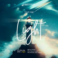 the poster for youth vigili's light, featuring a lighthouse on top of a rock