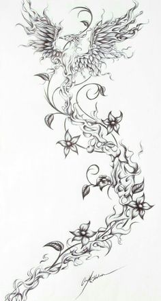 a drawing of a bird with flowers on it's back and wings flying in the air