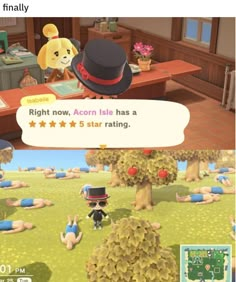 an animal crossing game is being watched by someone on their phone and the caption reads, right now acorn isle has a 5 star ratings