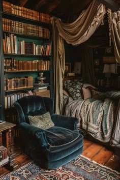 a bedroom with a bed, chair and bookshelf full of bookcases