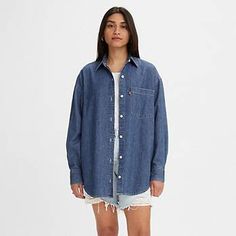 Nola Button Up Shirt - Medium Wash | Levi's® US Oversized Button Up Shirt, Oversized Button Down Shirt, Classic Menswear, Denim Blouse, Shirt Blouses Tops, Denim Button Down, Shop Blouses, Denim Top, Button Up Shirt