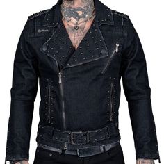 Wornstar Essentials Collection Slim Rock Star Fit Biker Cut Denim Jacket Zipper Pockets And Zipper Sleeves Molded Wornstar Logo Waist Belt With Stainless Belt Buckle And Belt Stay Shoulder Epaulets Raw Grinded Edges Metal Hardware Accents Distressed Classic Black 98% Cotton / 2% Spandex 11oz Stretch Denim Jean Jacket Wornstar Clothing, Fitted Jean Jacket, Mens Denim Jacket, Windbreaker Jacket Mens, Jean Jacket Men, Hooded Faux, Denim Jacket Men, Denim Jean Jacket, Mens Outfitters