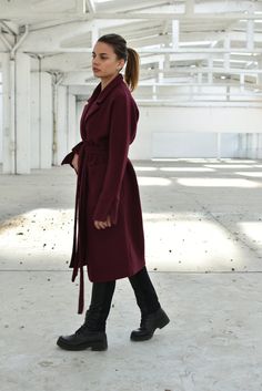 "Wool Elegant Coat, Winter Overcoat, Burgundy Coat ◈ Stylish and chic fashion is our shared dream! You can be sure that this piece is made with a lot of love and craftsmanship. ◈ S I Z I N G ◈ This item is available from XS to 4XL. Please, have a look at my Size Chart below before placing your order. The model in the picture is 63'' (160 cm) tall. ◈ D E L I V E R Y ◈ This item will be shipped in up to 5 days after your order was placed. We use Express worldwide shipping for all of our items. Shi Elegant Burgundy Long Coat, Elegant Burgundy Wool Outerwear, Elegant Burgundy Outerwear For Winter, Elegant Burgundy Winter Outerwear, Elegant Burgundy Fall Outerwear, Winter Coat Elegant, Burgundy Coat, Red Winter Coat, Wool Long Coat