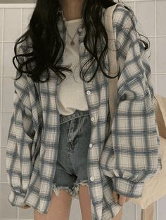 Checkered Puff Sleeve Button Blouse - AnotherChill Oversized Korean Fashion, Korean Fashion Blouse, Black Check Shirt, Plaid Shirt Women, Outfit Trends, Turndown Collar, 가을 패션, Check Shirt, Korean Outfits