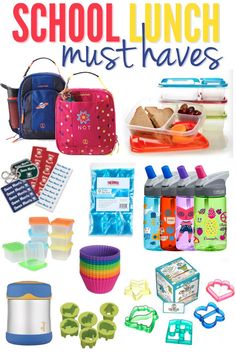 the back to school lunch must haves on it, including water bottles and other items