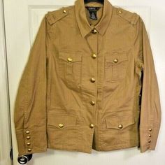 GEORGE Blouse/jacket, sz 10 Safari style Tan w/gold buttons. Two breast pockets, two waist pockets, epaulets, pleated back, two belt loops ... belt is missing Safari Style, Gold Buttons, Military Jacket, Best Deals, 10 Things, Gold