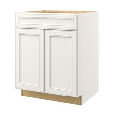 a white cabinet with two doors and one drawer on the bottom, in front of a white background