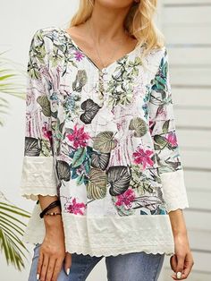 Blue V-neck Floral Print Casual Long Sleeve Shirts & Tops Summer Printed Tops With Split Neck, Summer Tops With Printed Split Neck, Summer Split Neck Printed Top, Multicolor Split Neck Summer Top, Summer Multicolor Split Neck Tops, Multicolor Split Neck Top For Summer, Multicolor Split Neck Casual Top, Casual Multicolor Split Neck Top, Multicolor Split Neck Top For Vacation