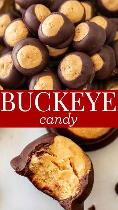 a bunch of cookies that are next to each other with the words buckeye candy