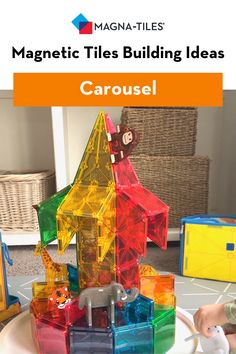 the magnetic tiles building ideas carousel is on display in front of other toy vehicles and toys