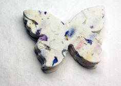 a white butterfly with blue and purple spots on it's wings, sitting on a white surface