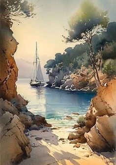 a watercolor painting of a sailboat on the ocean near rocks and trees in the foreground