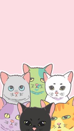 a group of cats sitting next to each other on top of a pink wallpaper