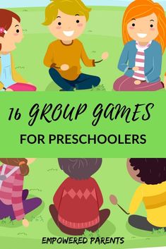 four children sitting on the ground with text overlay that reads,'16 group games for preschoolers '