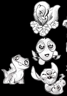 some cartoon characters are drawn in black and white