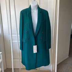 Amazing Quality! Even Better In Person Green Long Coat Blazer For Workwear, Green Tailored Double-breasted Outerwear, Fitted Green Zara Outerwear, Elegant Green Outerwear With Lapel Collar, Chic Green Double-breasted Outerwear, Elegant Green Long Sleeve Outerwear, Turquoise Outerwear For Work In Fall, Chic Green Outerwear With Notch Lapel, Chic Tailored Green Outerwear