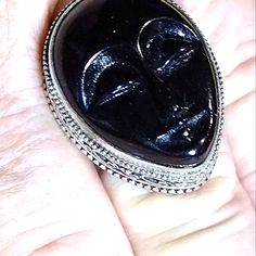 (R-90213) Become That Beautiful *( High Priestess)* In A Gorgeous *Black Onyx* Picturesque Motif , In A Genuine Bali Sterling Silver Setting With Ornate Detail. Ring. Size 8 Symbolic Black Gemstone Jewelry, Black Sterling Silver Symbolic Jewelry, Black Symbolic Sterling Silver Jewelry, Black Gothic Collectible Rings, Symbolic Black Oval Jewelry, Unique Black Collectible Rings, Black Handmade Symbolic Rings, Handmade Symbolic Black Rings, Unique Black Rings For Collectors