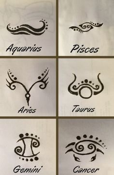 six zodiac signs are shown in four different styles and sizes, each with their own name