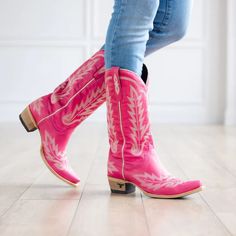 Lane Lexington Boot - Heirloom quality boots with a core western influence. Meet Lexington in Hot Pink. The classic snip toe profile is embroidered to perfection with a twist on a traditional flame stitch. Heel Height: 1.75" Shaft Height: 13" Calf Circumference: 14" Ankle Circumference: 12" Toe Shape: Snip Signature Turquoise Soles Color: Hot Pink LB0488K Uzun Boy, Pink Cowboy Boots, Pink Cowgirl Boots, Lane Boots, Pink Cowboy, Pink Cowgirl, Xmas List, Style Boots, Pink Heels