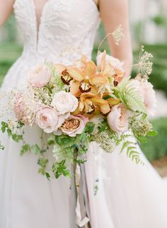 a bride holding a bouquet of flowers in her hands