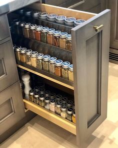 an open cabinet in the middle of a kitchen with spices and seasonings on it