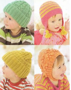 four pictures of young children wearing knitted hats and scarves