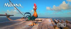 a rooster standing on top of a wooden deck next to the ocean with clouds in the background