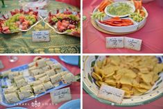 several different pictures of food on plates, including crackers and dips in bowls