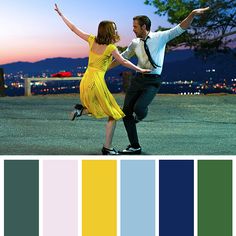 a man and woman dancing in front of a cityscape at night with color swatches