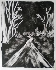 a black and white drawing of a road in the woods