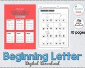 the beginning letter worksheet is shown with an image of a red and white background