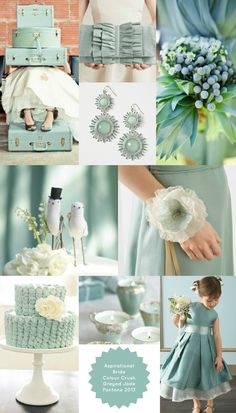 a collage of blue and green wedding colors with white flowers on the top, bride's bouquet in the bottom left corner