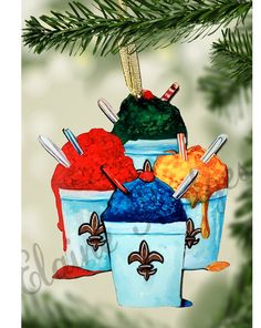 three buckets of ice cream ornament hanging from a christmas tree