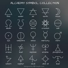 the alchemy symbol collection is shown in white on a blurry black background