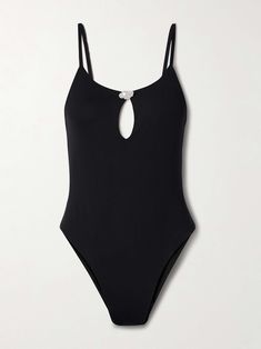 SARA CRISTINA Pearl-embellished cutout swimsuit Elegant Cutout Backless Swimwear, Elegant Backless Cutout Swimwear, Chic Evening Swimwear With Cutout, Elegant One-piece Cutout Swimwear, Elegant Cutout Swimwear For Poolside, Elegant Cutout Bodysuit For Beach, Elegant Poolside Cutout Swimwear, Elegant Cutout Bodysuit For The Beach, Bodysuit With Jeans